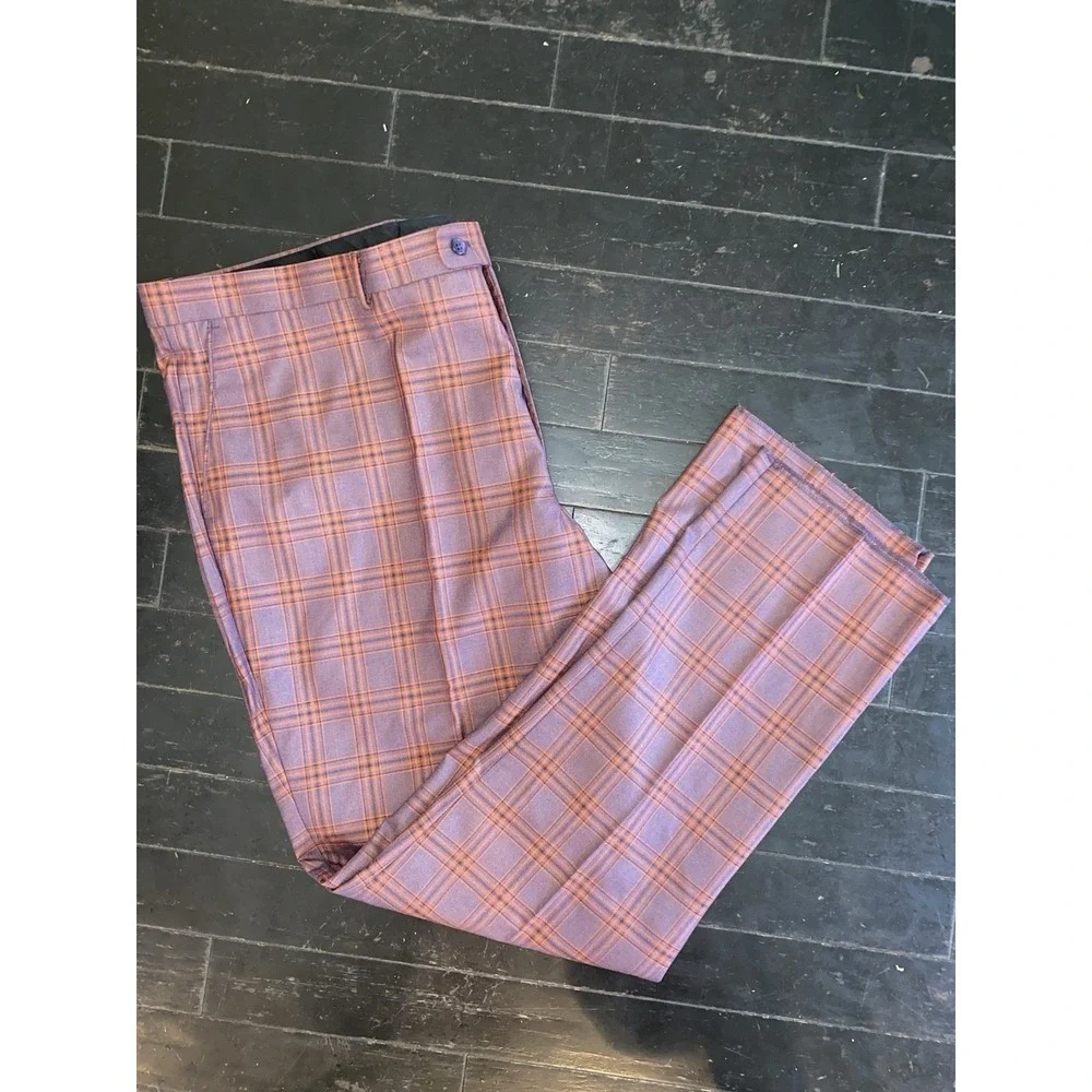 Vitali Men's 3-Piece‎ Suit Modern Fit Denim Lavender Plaid Formal 51W 56 M9857